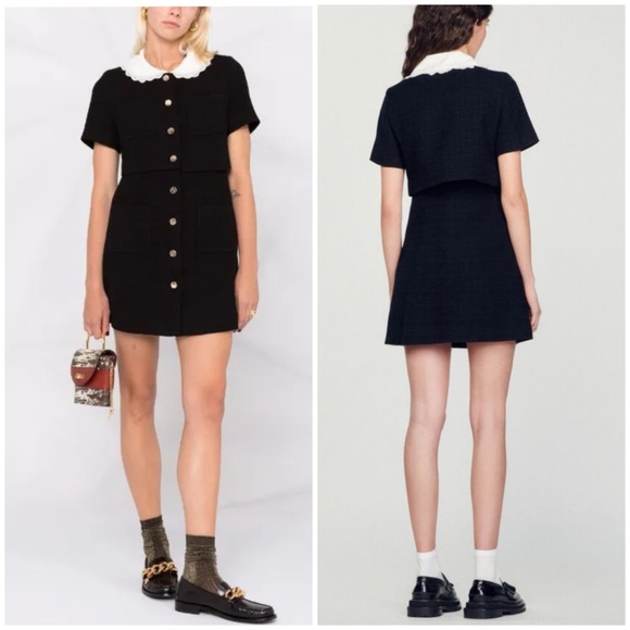 NWT SANDRO Black Tweed Short Peter Pan Collar Dress SZ EUR 34 US 2 XS - Picture 2 of 11